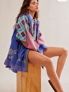 RARE! SOLD OUT! Free People Ryder Cardi Indigo Combi Patchwork Jacket Medium M